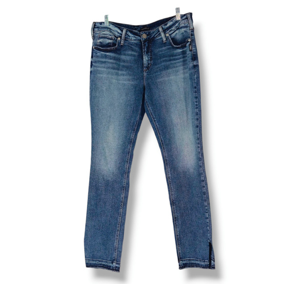 Silver Jeans Co. Elyse Custom Split Hem Mid Rise Straight Jeans Sz. 34x32 Indigo - Picture 2 of 12